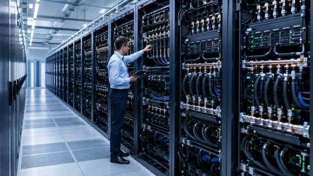 AI Data Center Engineer Inspecting Liquid Cooling System and High Density Server Racks