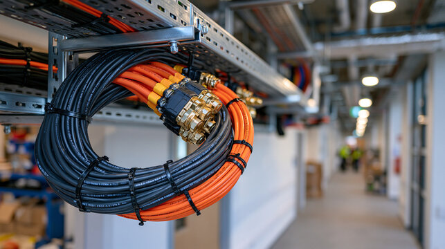 Modern hospital technical ceiling with metal cable trays carrying neatly bundled power, lighting and data cables, organized conduit infrastructure above a clean corridor, professional electrical ins