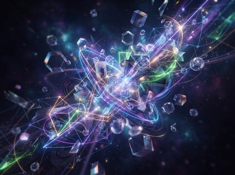 Abstract scientific background featuring glowing cosmic particles atoms and light energy waves in deep space atoms molecules physics research quantum mechanics futuristic technology digital unive