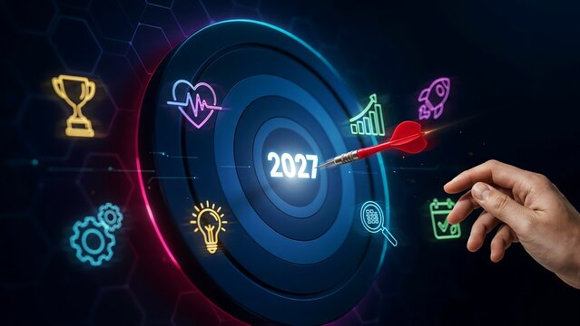 Dart hitting target 2027 with glowing neon icons represents strategic business planning goals development roadmap success future growth performance vision innovation.