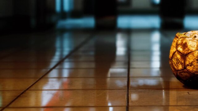 A round object lies on a tiled floor in a city building. The low light highlights the surface. Shadows create a mix of colors around the object, showing the environment.