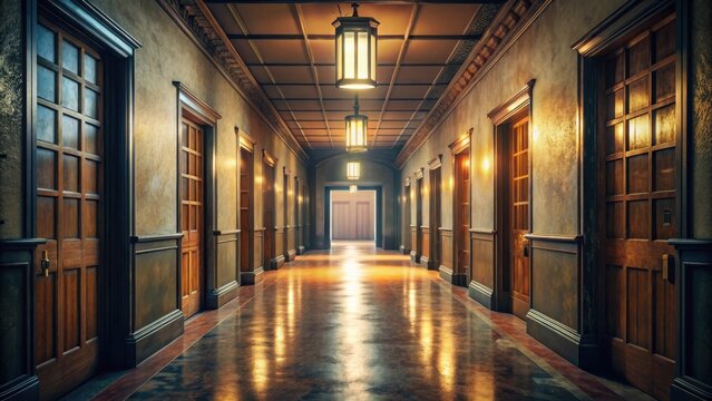 A long dimly lit corridor in an old building with doors on both sides