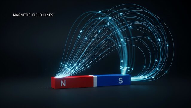 Bar magnet displaying magnetic field lines with glowing blue arrows illustrates basic physics principles of magnetism and electromagnetism for educational purposes.