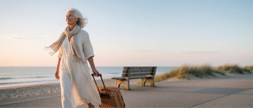 Senior woman walking with wicker suitcase on coastal path
