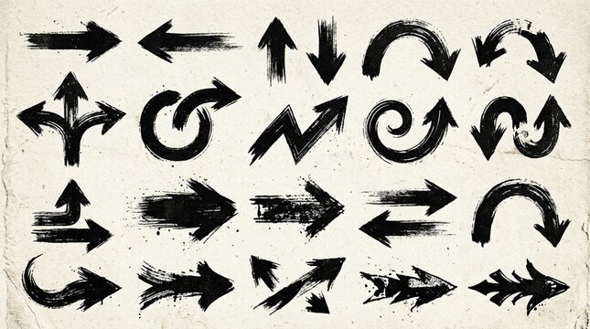 Grunge Arrow Set: Brush Stroke Directional Icons on Textured Background