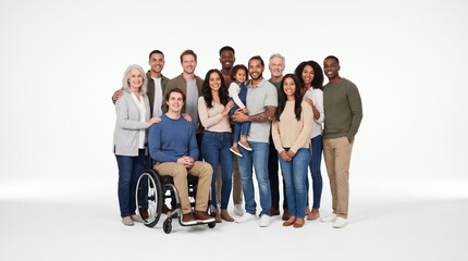 Obraz premium Diverse multigenerational family posing together against white background. Inclusive community, diversity, unity, support, family values.