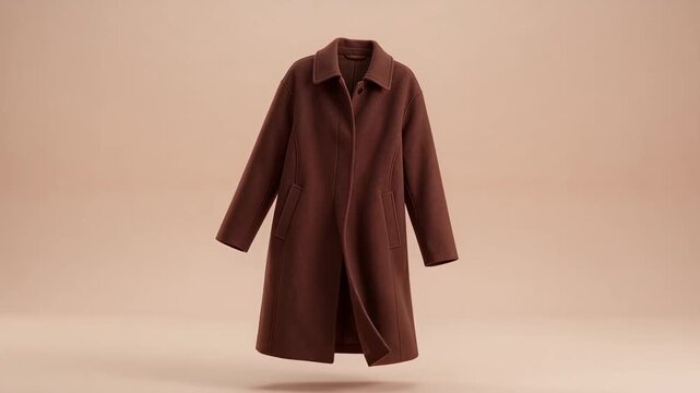 A stylish brown wool coat floats and sways gently against a neutral background, showcasing its texture and design. Perfect for fashion, retail, and seasonal apparel concepts.