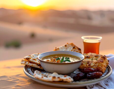 Traditional Ramadan iftar meal served in the desert during sunset with soup, dates, and bread