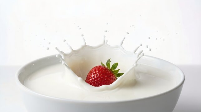 A fresh strawberry splashing into a bowl of creamy milk, creating an explosion of white liquid