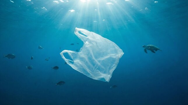A plastic bag floats in the deep blue ocean, surrounded by small fish and a sea turtle, with sunlight streaming from above