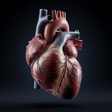 3D render of a human heart and aorta isolated on dark background