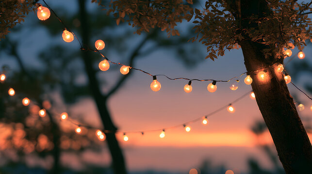 Warm string lights glowing at sunset in a garden party