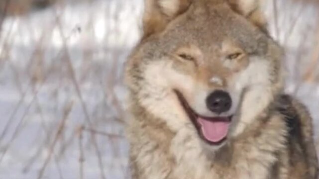 Gray Wolf in Snowy Forest Close Up