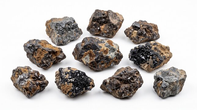 A realistic collection of tin materials featuring raw cassiterite ore, tin-bearing rocks, crushed ore, mineral concentrate, tin pellets, granules, refined tin ingots, metal sheets, casting pieces, and