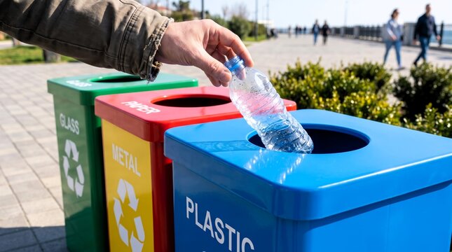 Male hand carefully placing a clear plastic water bottle into a blue recycling bin while holding a brown jacket sleeve
