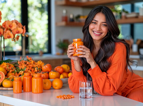 Indian woman drinks orange fruit morning vitamins on modern kitchen background. Dietary supplement, morning medication intake and healthy lifestyle concept for poster, presentation