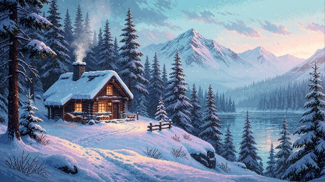 Pixel Art Winter Cabin by a Mountain Lake
