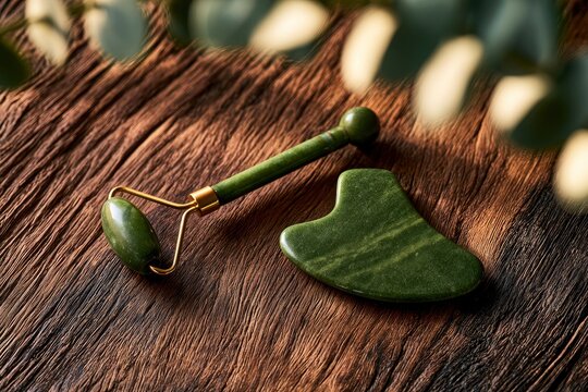 Polished green nephrite massage set featuring a roller and gua sha on aged timber with leaf bokeh for organic beauty and spa marketing