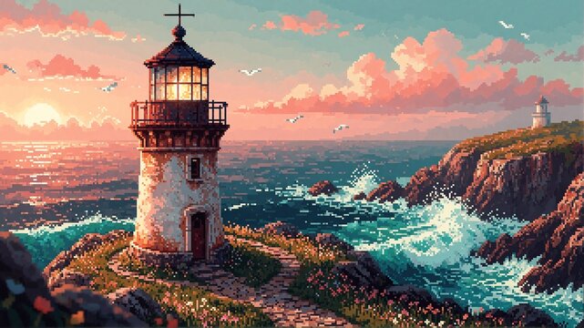 Pixel Art Lighthouse at Sunset