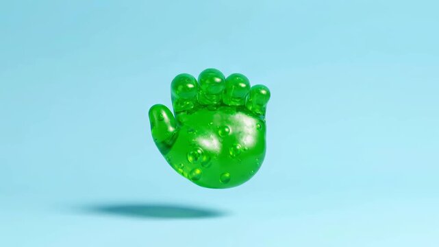 A vibrant green translucent hand, covered in water droplets, performs an open and close gesture.
