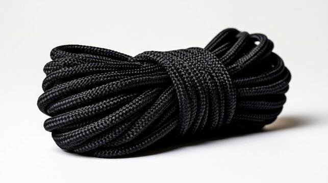 Black paracord bundle coiled on a white surface in a sharp macro shot with detailed nylon texture for outdoor gear and survivalist marketing