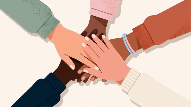 Illustration of diverse hands stacked together in unity