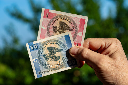Person holding vintage Kyrgyzstan som and tyiyn banknotes against natural green background. Hand holds old Kyrgyz currency notes featuring white falcon design with nature backdrop on sunny day