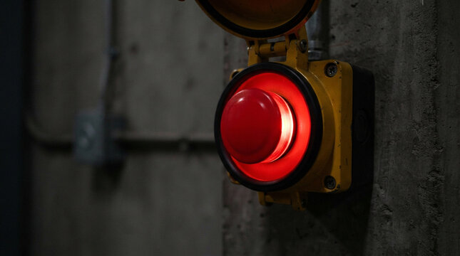 Red Industrial Emergency Stop Button Glowing on Wall