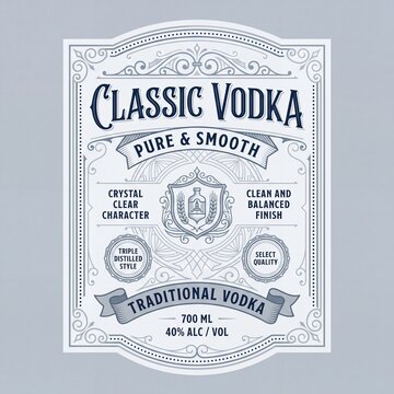 Classic vodka label design featuring pure and smooth qualities with crystal clear character and clean finish
