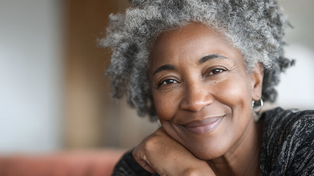Smiling senior black woman resting chin on hand at home