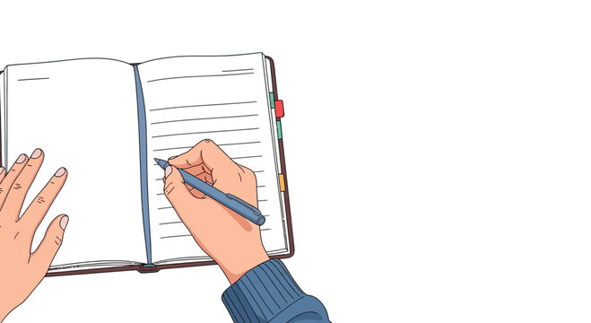 Hand writing in open notebook with pen and blue sweater detail