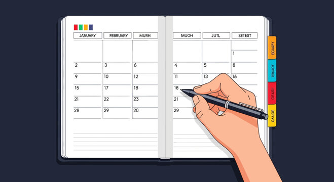 Hand writing in open planner with calendar pages and colorful tabs