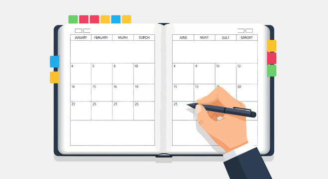 Hand writing in open planner organizer with calendar pages and colorful tabs