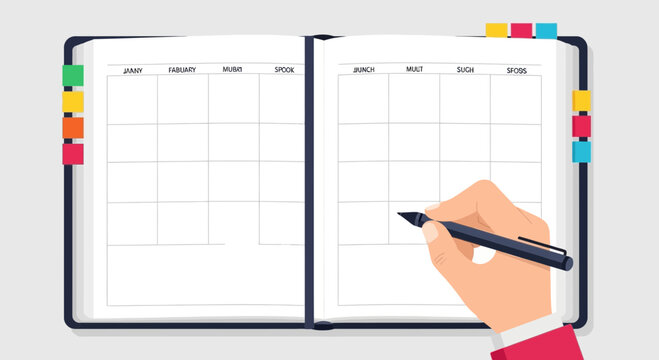 Hand writing in open planner with colorful tab markers