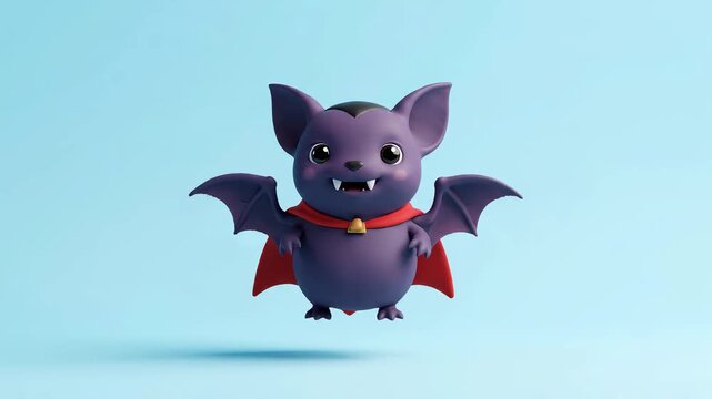 Adorable 3D rendered cartoon vampire bat with a red cape and fangs, gently bouncing on a light blue studio background.