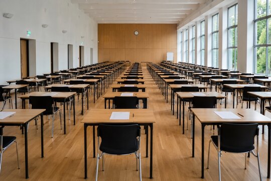 Empty examination hall with desks and papers