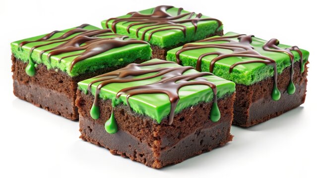 Drei minzschokoladenbrownies mit gr ner glasur und schokomarmorierung isoliert auf wei em hintergrund