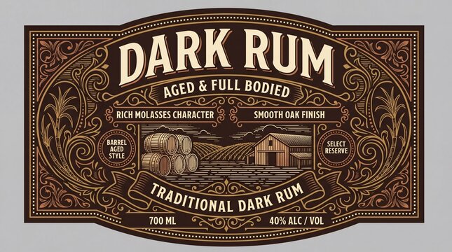 Creative cute print of dark rum label featuring aged and full-bodied design with rich molasses character and smooth oak finish