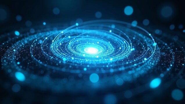 Futuristic digital spiral galaxy, glowing blue circular orbit lines, bright luminous core, sparkling particle dots, dark deep background, soft bokeh lights, abstract tech cosmic visualization