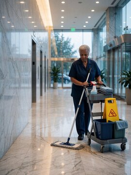 Senior African American female janitor mopping lobby floor