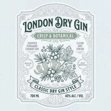 Creative cute print of a gin label design featuring herbs and text related to London dry gin