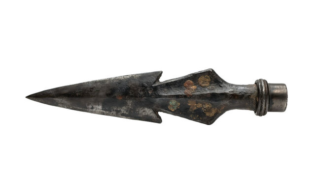 Ancient iron arrowhead with patina and socketed base for archery isolated on a transparent background