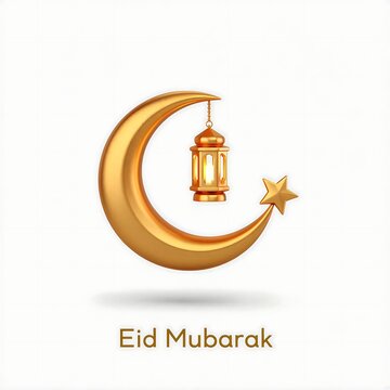 Golden crescent moon lantern and star illustration for eid mubarak celebration greeting card