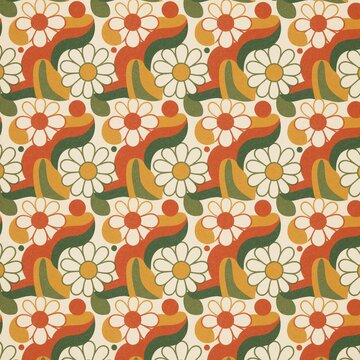 Seamless Retro 70s Floral Pattern with Daisies and Abstract Leaves