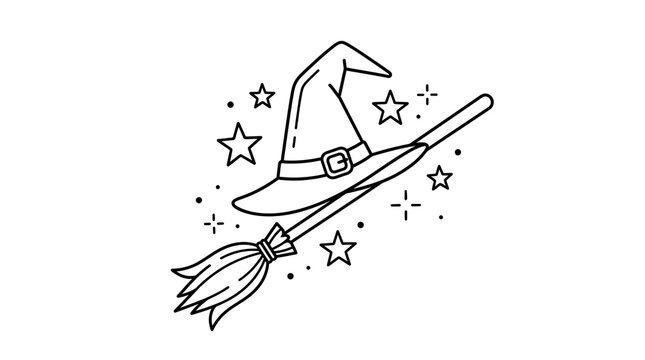 Minimalist witch hat and broomstick line art, Halloween magic icons with stars, mystical occult illustration for coloring and design