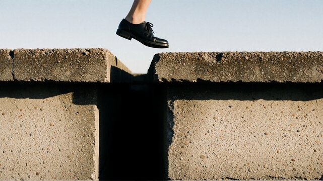 Person in dress shoes leaping across a gap between concrete blocks