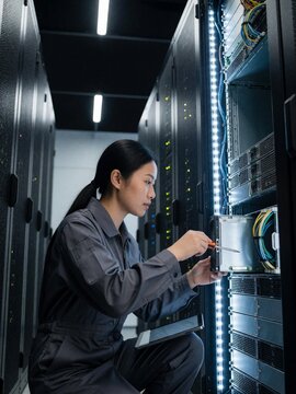 Asian female technician repairing server in data center