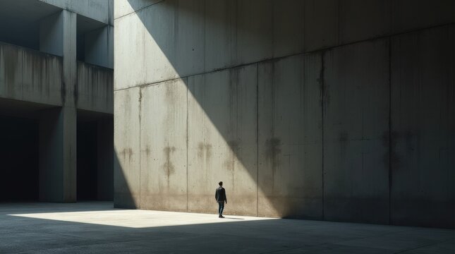 Una persona diminuta de pie junto a un inmenso muro de hormig&oacute;n industrial