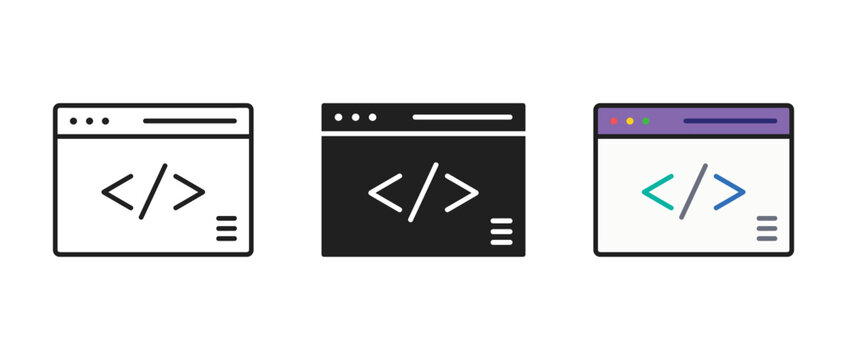 Code Window Icons: Three stylized browser windows showcasing code symbols, representing programming, web development, and digital technology.