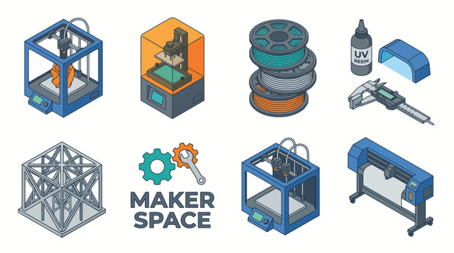 An isometric illustration featuring 3D printers rolls of filament tools and a makerspace logo